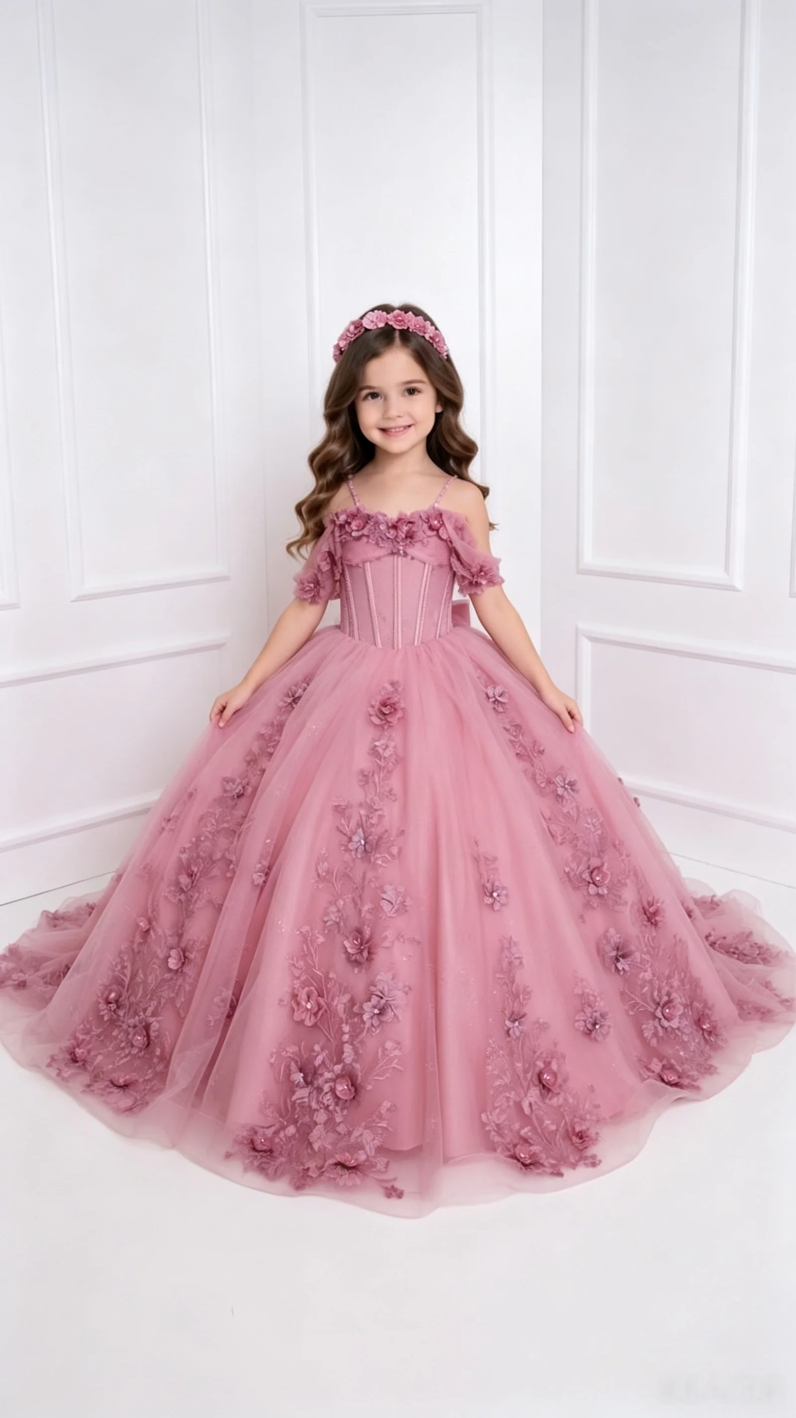 Luxurious Tulle Princess Pageant Dress Off Shoulder Ruffled 3D Flower Trailer Long Skirt Sequin Lace Girl Flower Girl Dress