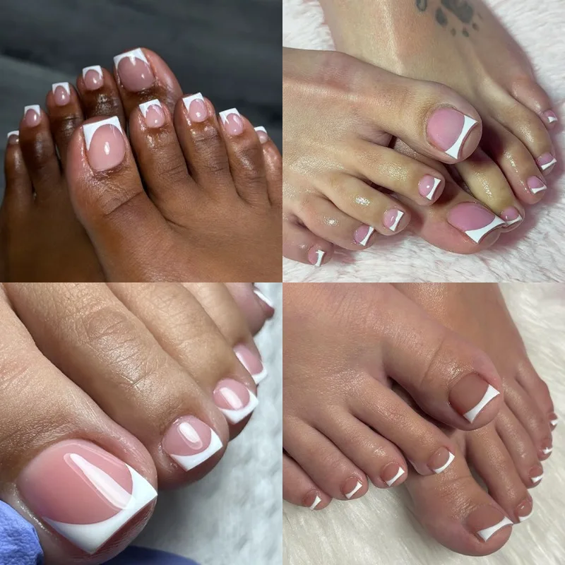 150pcs set de uñas postizas francesas para pies, verano, cortas cuadradas, brillantes, acrílicas de cobertura total, para salón 3