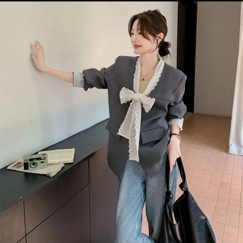 

Casual Loose Lace Patchwork Suit Jaet Women's Faion Spring Autumn New Sle Small Size Ele Top Matching Versatile Sle