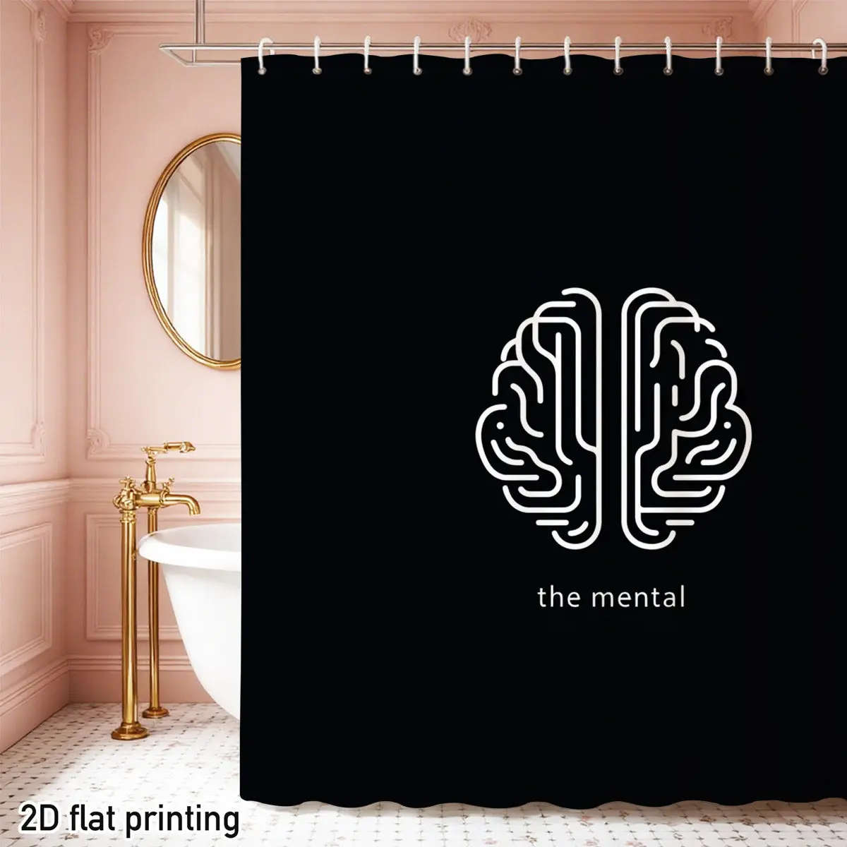 Brain Line Art Shower Curtain, The Mental Typography Print Waterproof Bathroom Decor, Psychology Geek Home Bath Screen