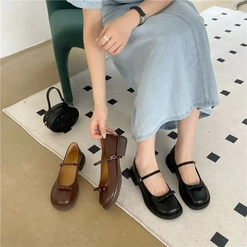 Brown Cute Mary Jane Ladies Footwear Women\'s Shoes Kawaii Japanese Style Lolita Gothic Normal Leather Casual Round Toe with Bow