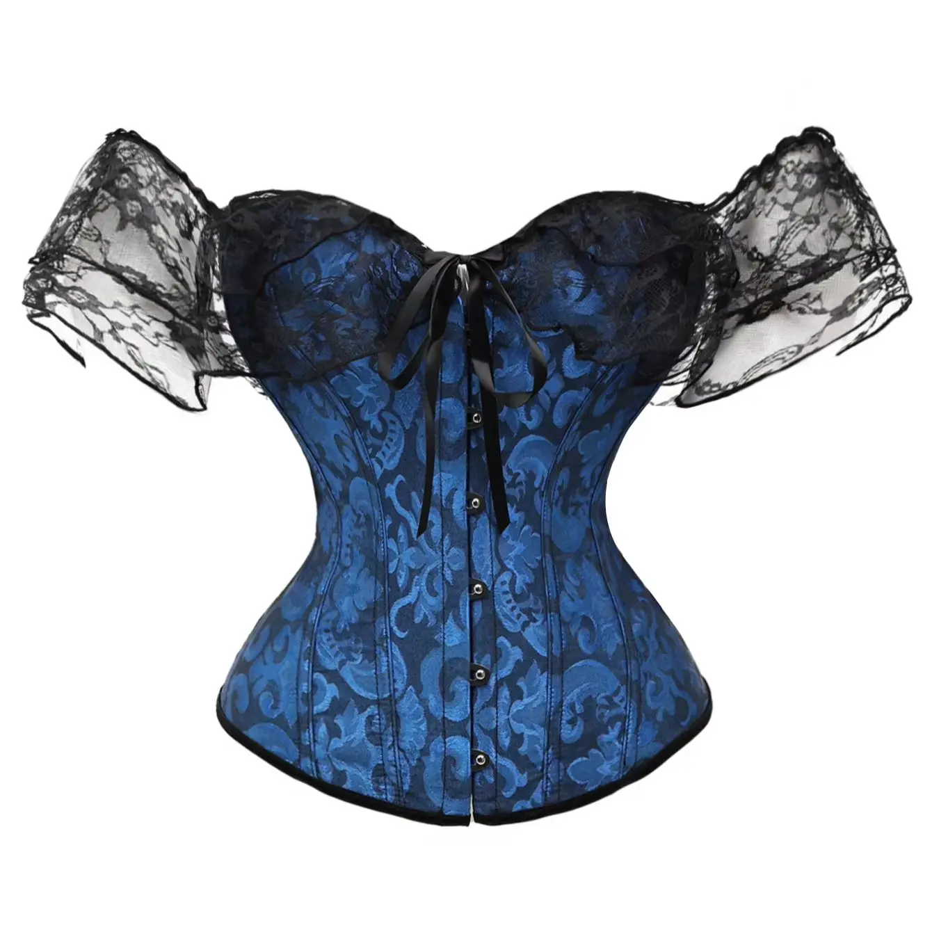 Retro Lace Yrim Court Fishbone Dress With Off-Shoulder Straps Small Flutter Sleeves Shaping Bodice Push-Up Bustier Dress Bra