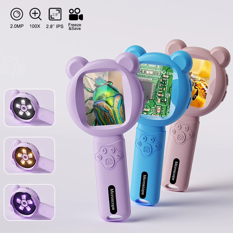 Kids Digital Magnifier 2.8’’ Screen Portable Video Microscope 2.0MP 100X Magnification with 15 LEDs for Outdoor Exploration