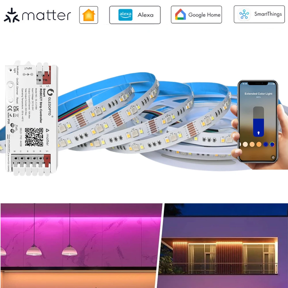 5m 10m 20m Matter WiFi RGB+CCT LED Strip Liner Light 24V 5050 Dimmable Party Room Lights Decor fr Homekit Alexa Google Assistant