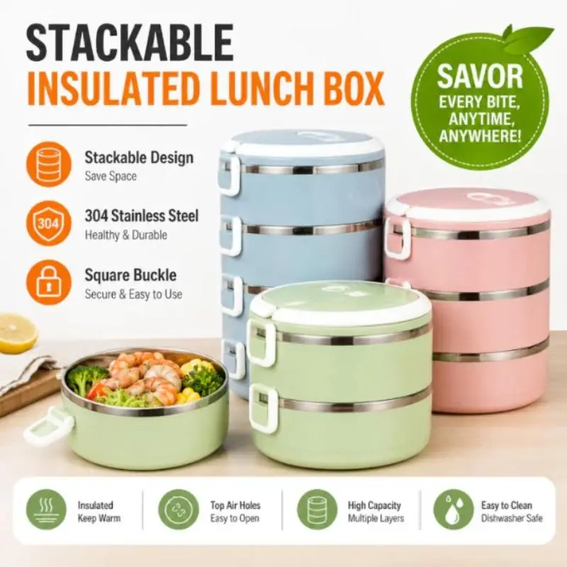 Portable Hot Food Insulated Meal Box 410 Stainless Steel Stackable BPA Free Food Container for Picnic Home Office Use