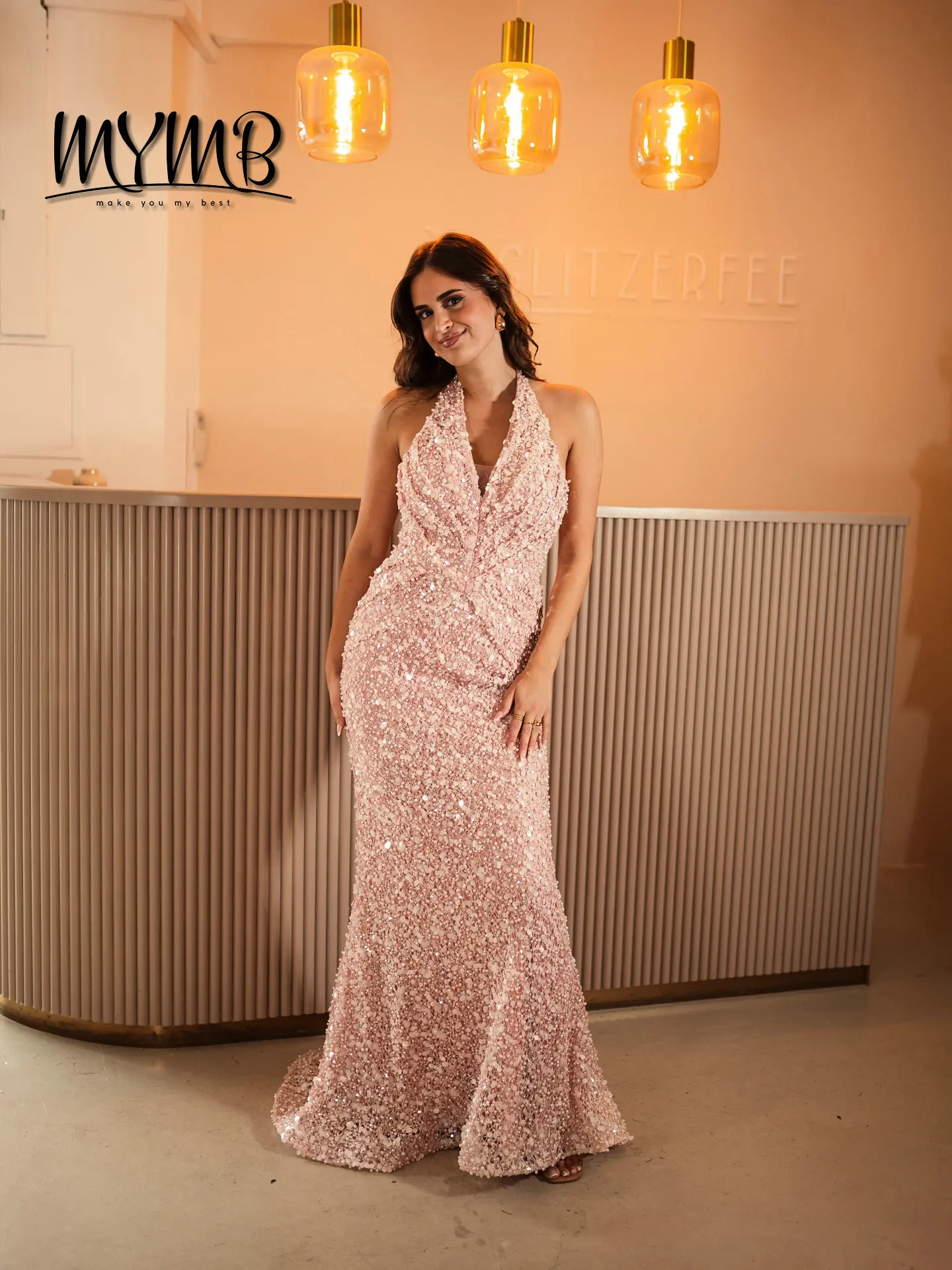 MYMB Sleeveless Pink Mermaid Dresses Halter Neck Ruched Floor Length Formal Prom Gown Beading Natural Sparkling Sequins MY30173