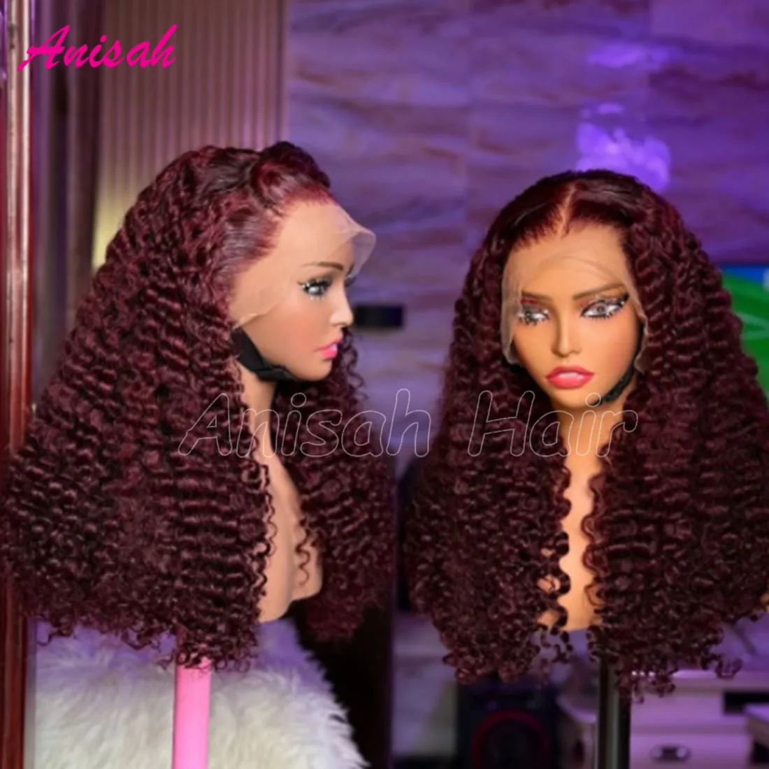 

Vietnamese Super Double Drawn Curly 100% Human Hair Lace Frontal Wigs Colored 99j Burgundy Gluelesss Lace Closure Wigs For Women