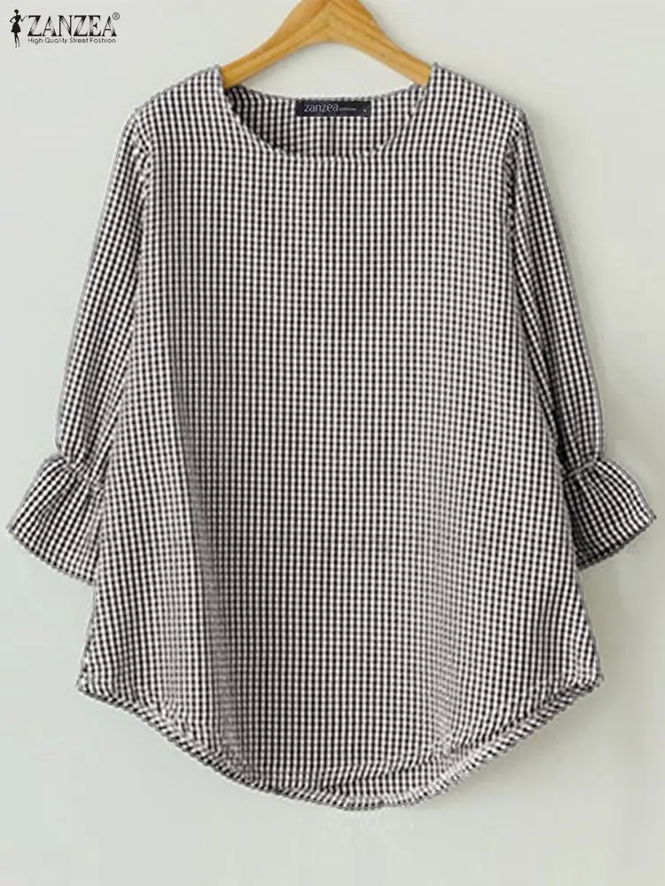 เสื้อแฟชั่นผู้หญิง ZANZEA ลายสก็อตระบายแขน 3/4 เสื้อลำลองสไตล์วินเทจ ปี 2025 ทรงหลวม ลายตาราง เหมาะสำหรับใส่ทำงาน