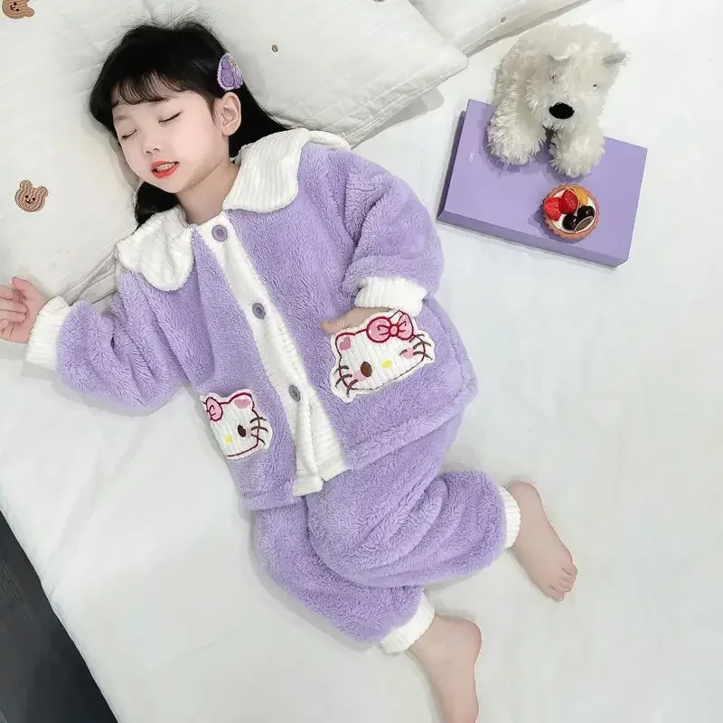 Sweet Hello Kitty Anime Sanrio Kawaii Lange Mouw Jas Panst Pyjama Schattige Baby Dik Koraal Fluwelen Homewear Kleding Geschenken Speelgoed