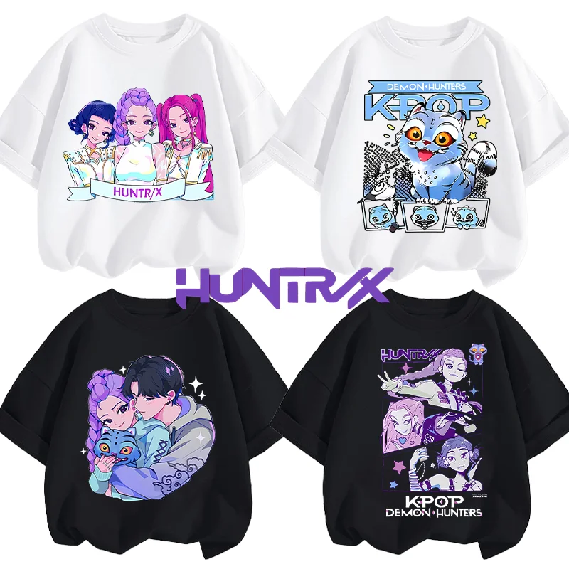 

KPop Demon Hunters T-shirt Boys Girls Fashion Cartoon Printed Short Sleeves Tops Child Anime Casual Cotton Tee Kid Home Clothes