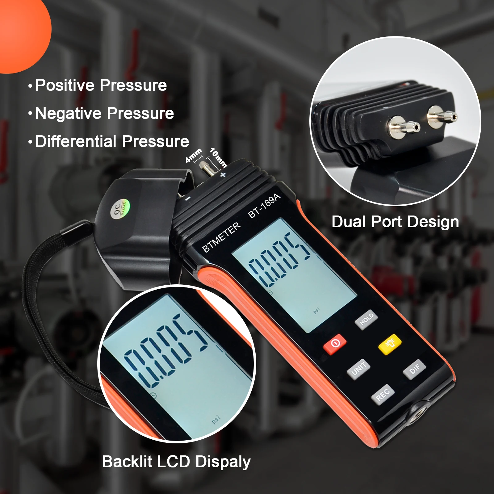 Digital Differential Pressure Gauge, BT-189A, Differential Pressure, Positive and Negative Pressure, Clear reading