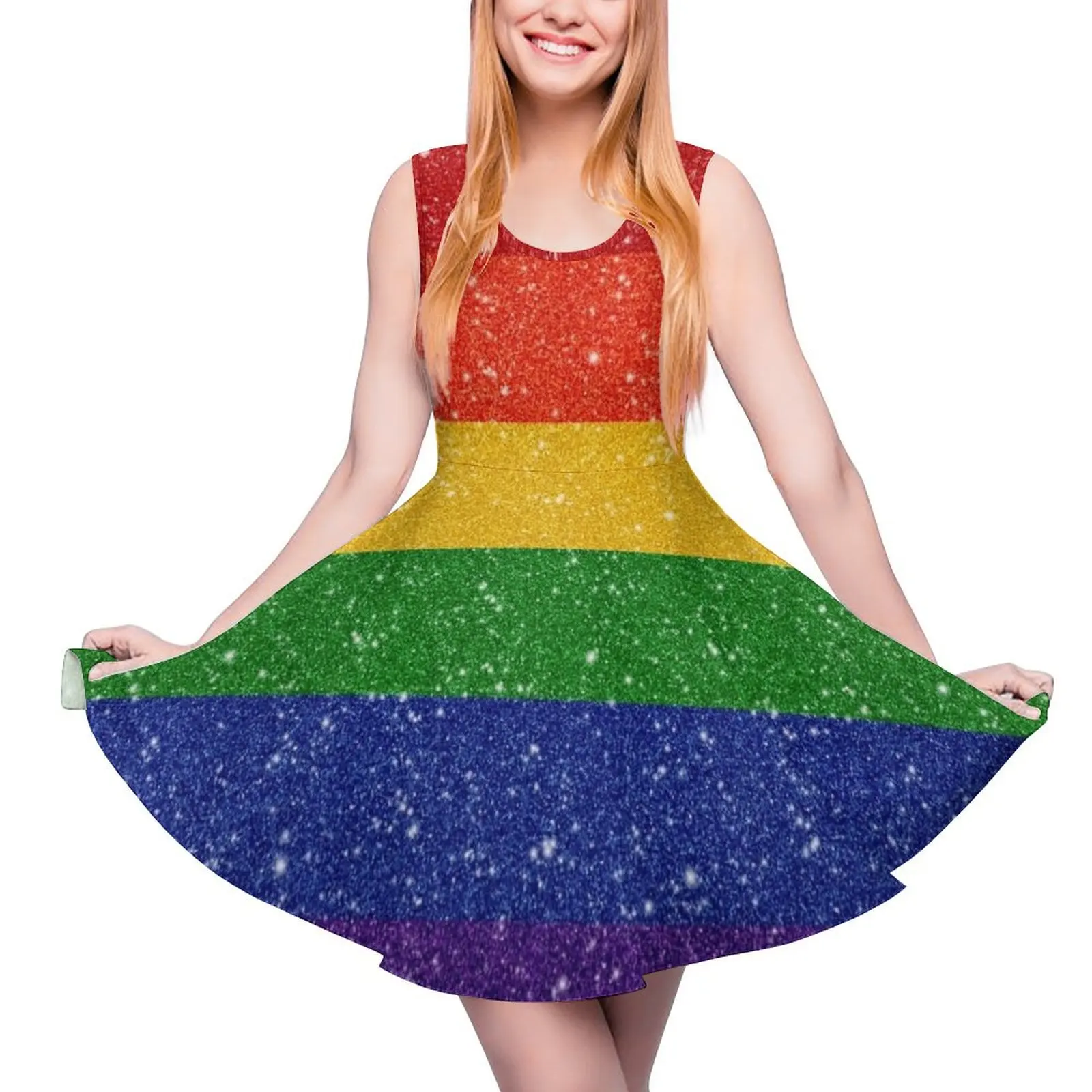 

Faux Glitter LGBTQ Pride Rainbow Flag Background Sleeveless Dress dress women summer prom dress Woman"s evening