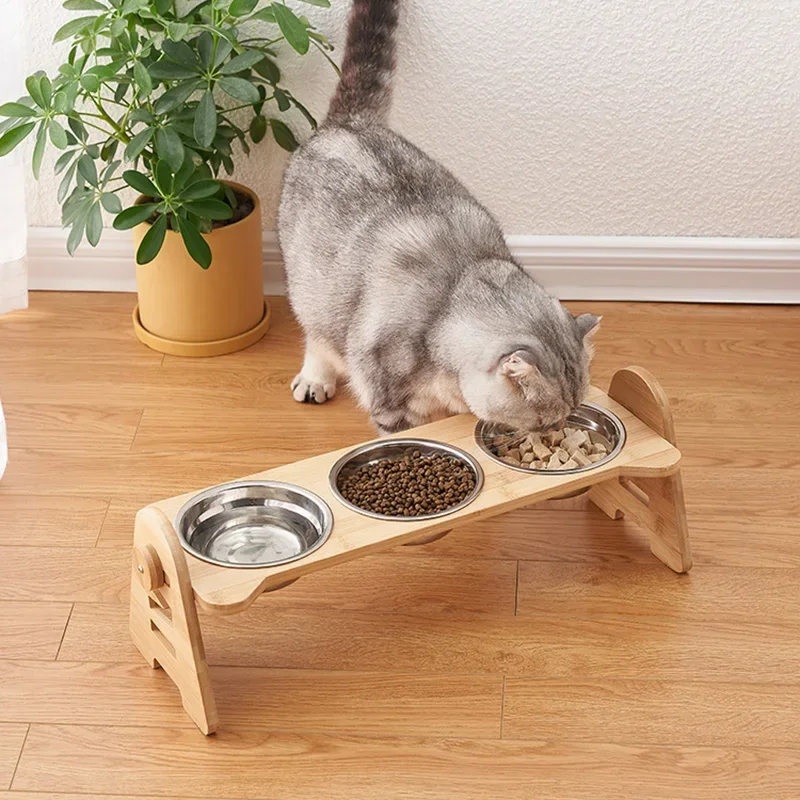 Bamboo Elevated Puppy Cat Bowls with Stand Adjustable RaisedCat Food Water Bowls Holder Rabbit Feeder for Small Medium Pet