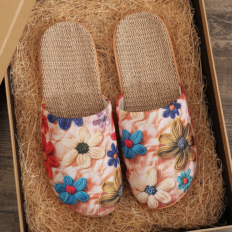 Весенне-осенние удобные тапочки с ретро-принтом, женские подходящие домашние нескользящие дышащие туфли из конопли на мягкой подошве
