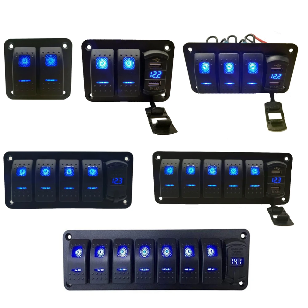 

2 3 4 5 6 8 Gang LED Rocker Switch Panel With Voltmeter 4.2A Dual USB Rocker Style Fast Charger for Car Marine Boat Waterproof