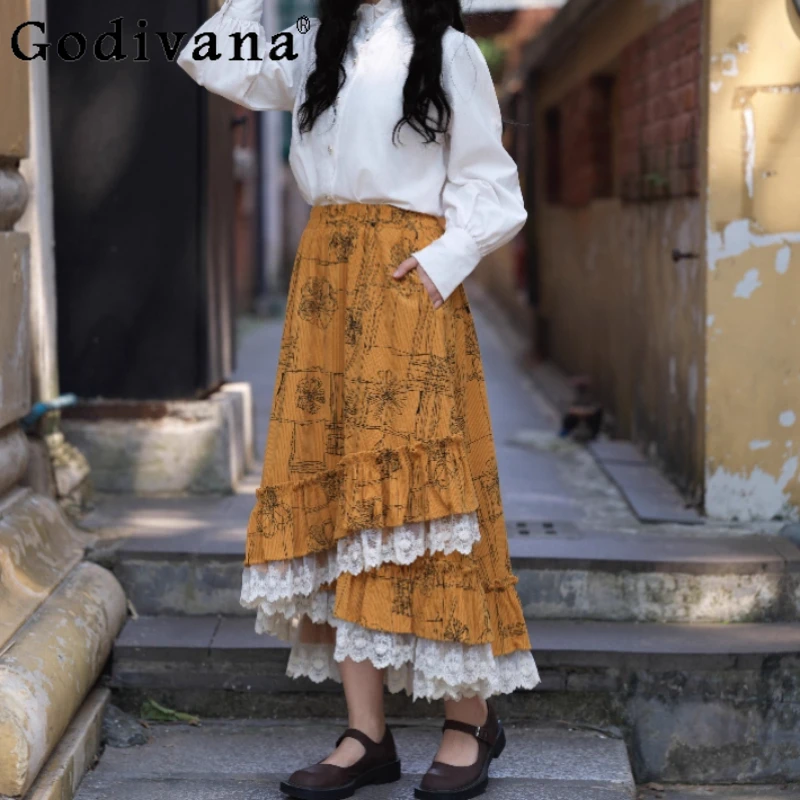 Autunno Inverno Moda Retro Velluto a coste Colore zucca Dolce pizzo Stampa Gonna Ragazza Versatile Riduzione dell'età Ruffles Gonne irregolari