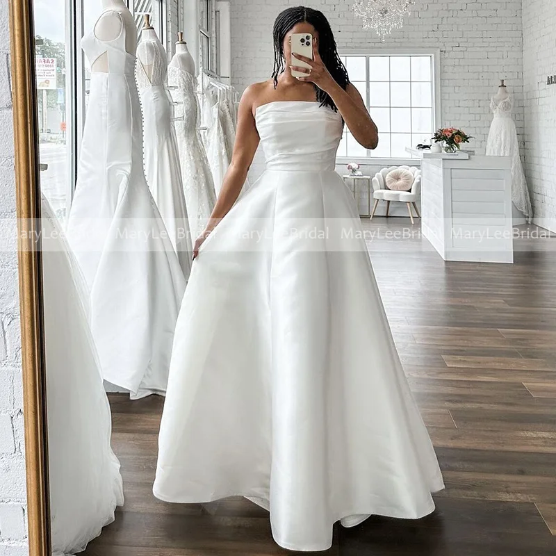 

Strapless Mikado Bridal Dress Simple Floor Length A-line Pleats Corset Bodice White Ivory Wedding Gown Custom vestidos de novia