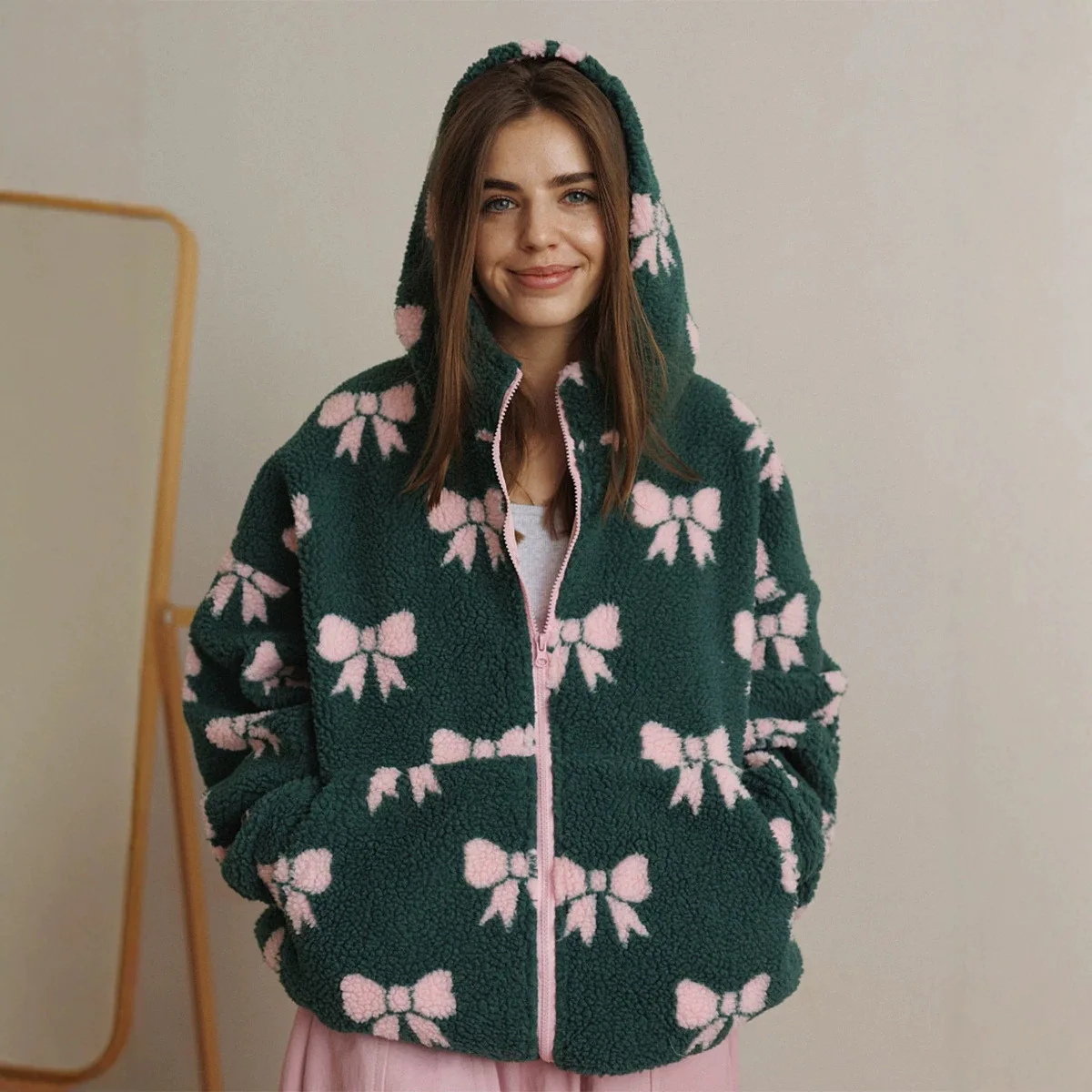 Women Fall Winter New Fashion Color Block Bow Pattern Pocket Hoodie Sherpa Jacket