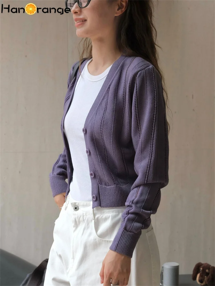 HanOrange 2024 Autumn Simple V-neck Hollow Knitted Cardigan Loose Texture Casual Fashion Top Grey/Purple