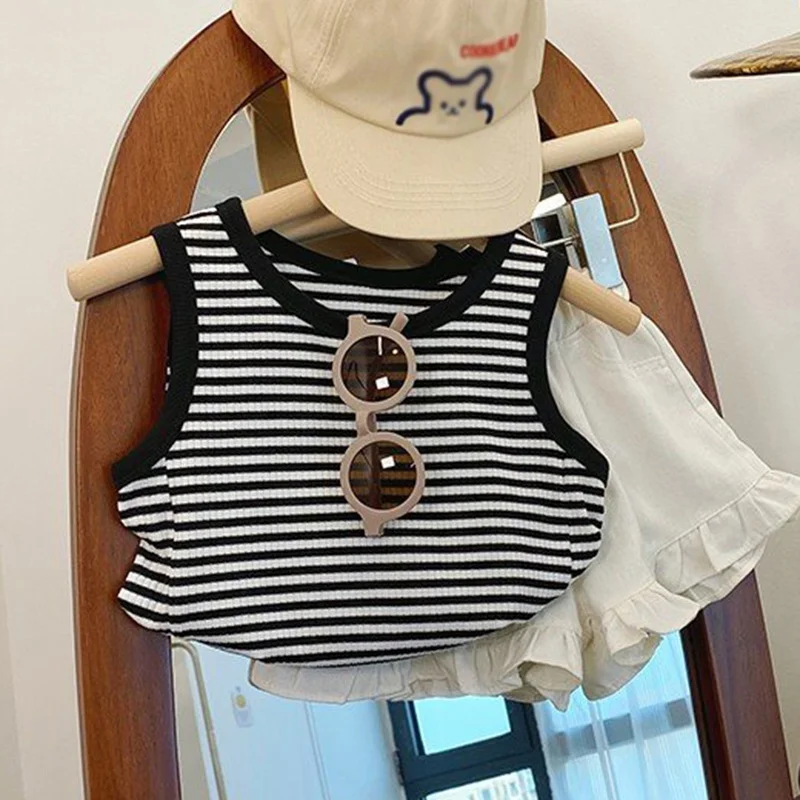 Children Striped Cotton Sleeveless T-shirts for Girls 3-9Y Soft Casual Tee Outing Round Neck Vest Tops Kids Clothing