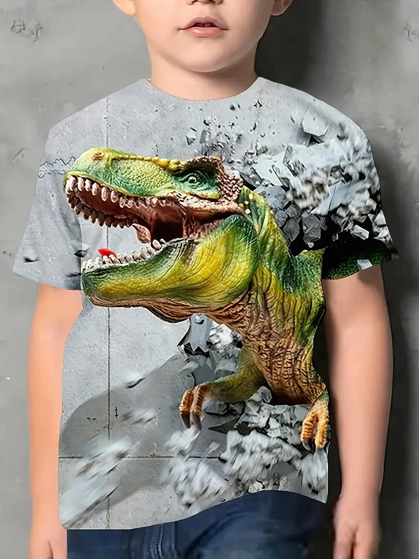 Boys Green Dinosaur T‑Shirt, Kids Summer Short‑Sleeve Clothing, Breathable Cartoon Print Casual Tee