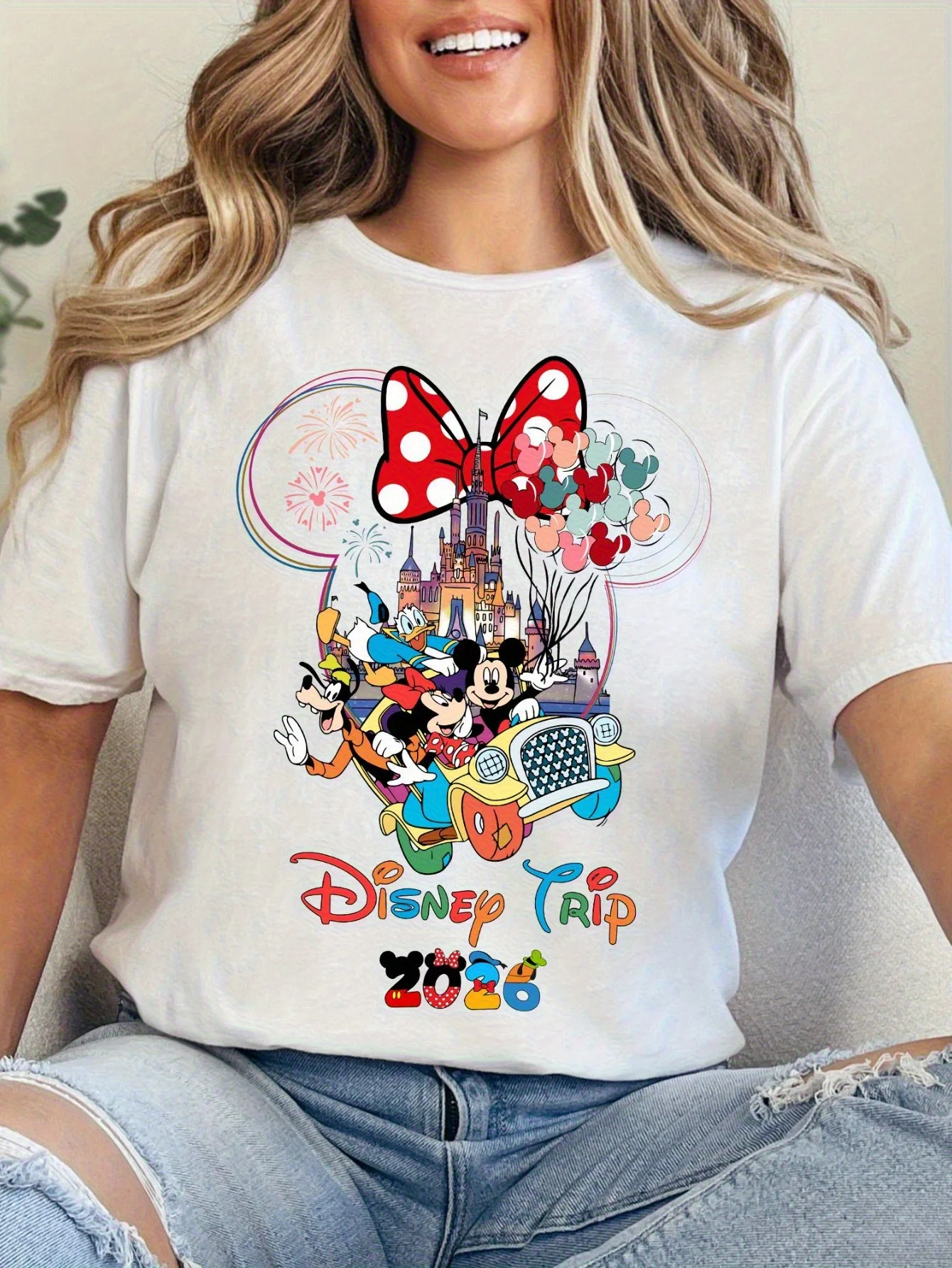 

2026 Family T-shirt Women's Pure Cotton Mickey and Friends Pattern Short Sleeve T-shirt Group Vacation
