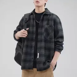 Men's Clothing Autumn Winter Japanese Vintage Plaid Thick Button Up Shirt Casual Street Long Sleeve Loose Tops Camisas De Hombre