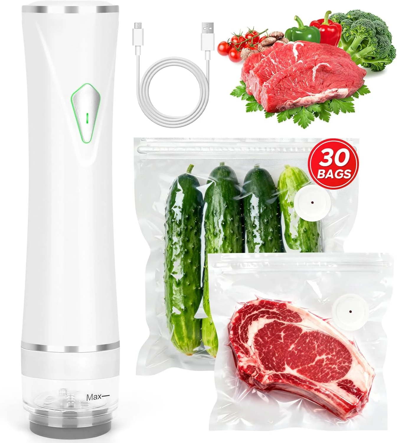 

Compact Vacuum Sealer for Food, Portable Mini Food Sealer with 30 Reusable Bags, KomBryvian Handheld Cordless & Rechargeable Vac