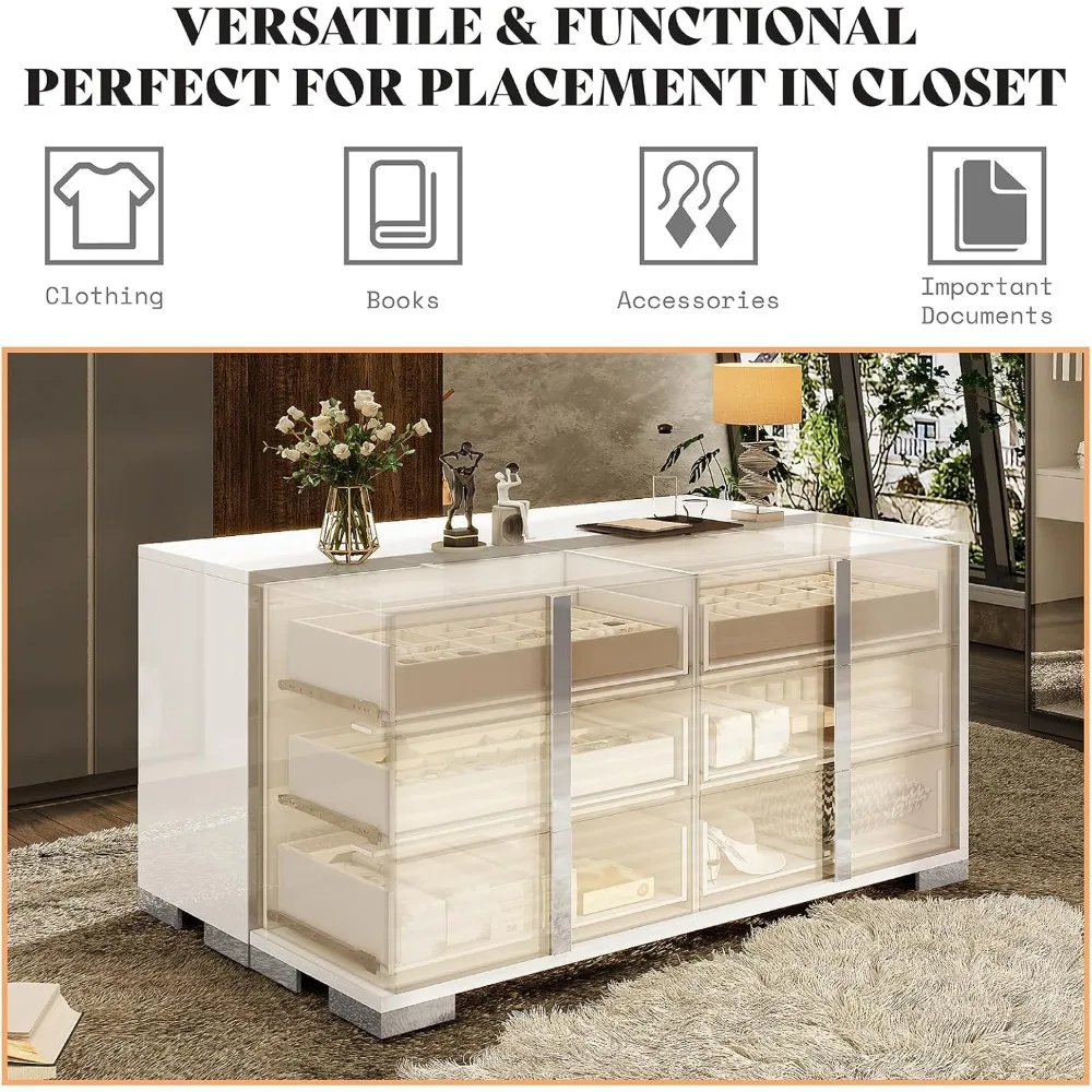 54" W High Gloss 6 Drawers Dressers with Silver Grooved Handles, Modern Storage Chest of Drawers with Wide Tabletop, White