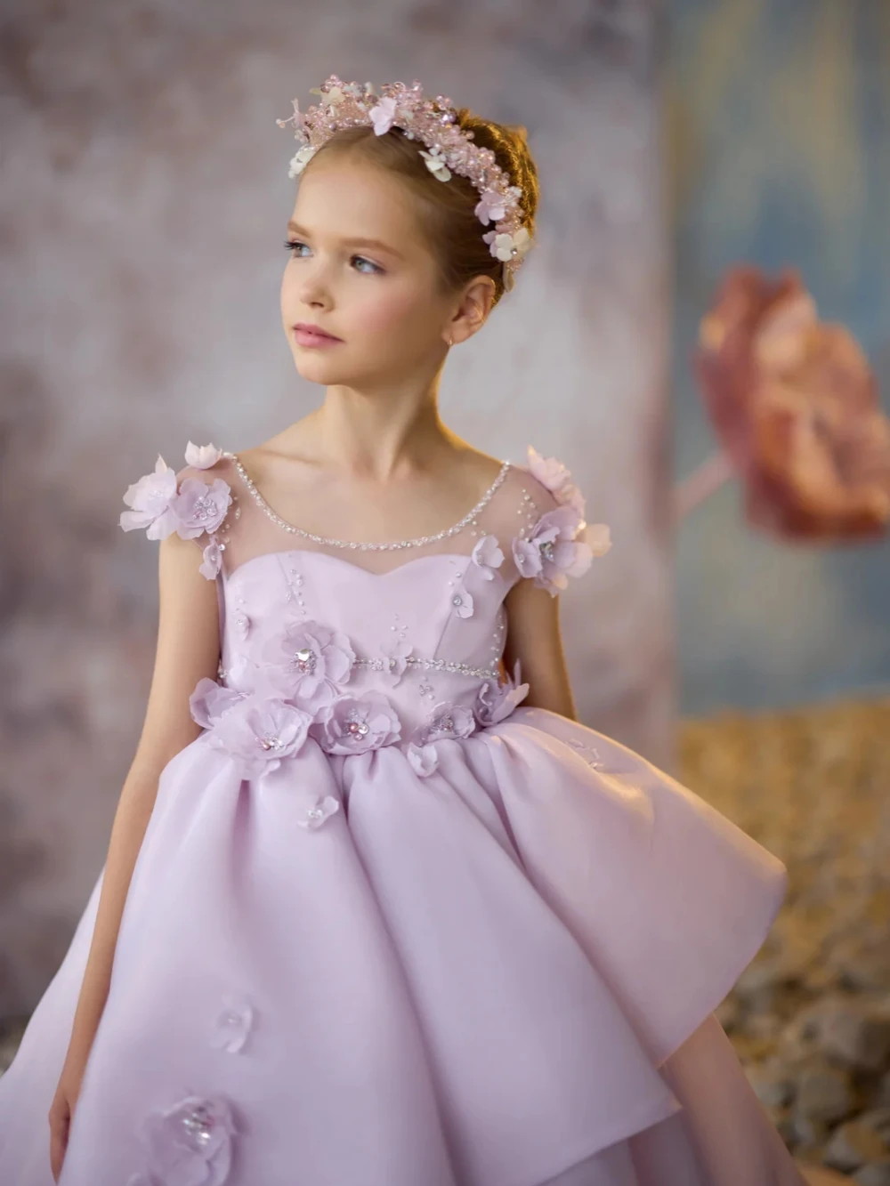 สีม่วงหรูหราลูกปัด 3D ดอกไม้สําหรับเต้นรํา Charming น่ารักโบว์เจ้าหญิงชุดเด็กชุดแต่งงานลดราคา