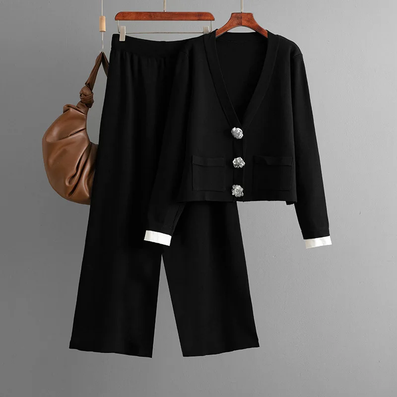 Herfst en winter mode damespak nieuwe V-hals lange mouwen gebreid nep 2-delig vest + elastische taille wijde pijpen broek 2-delige set