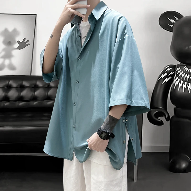 Summer Short Sleeved Shirt Men Oversized Social Mens Black Dress Shirt Korean Loose Casual Ice Silk Shirt Mens White Shirts