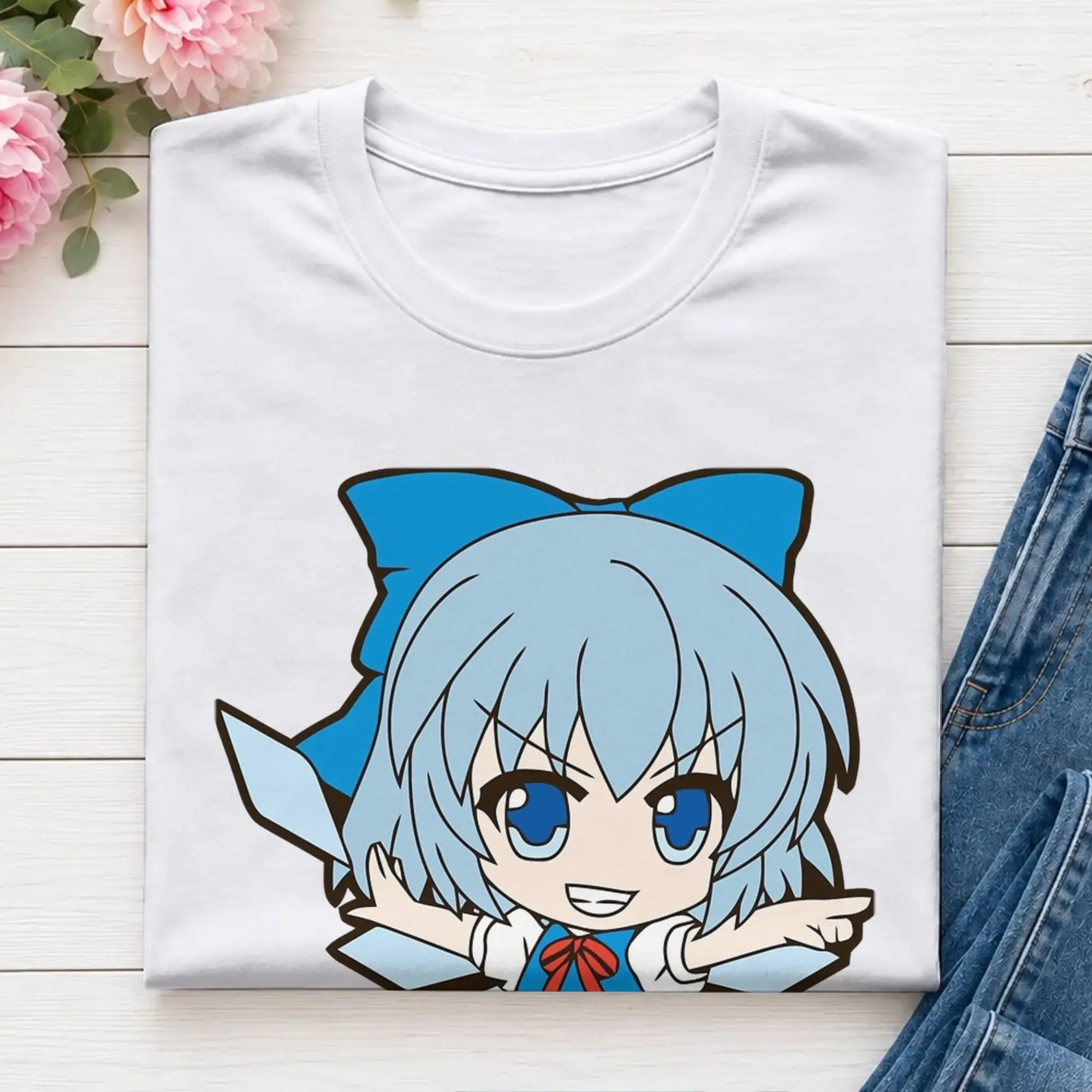 Cirno Chibi  T-Shirt Beach Touhou Project Cotton T Shirts For Men Fashion Casual Tee Shirt Short Sleeves Street Style Tees