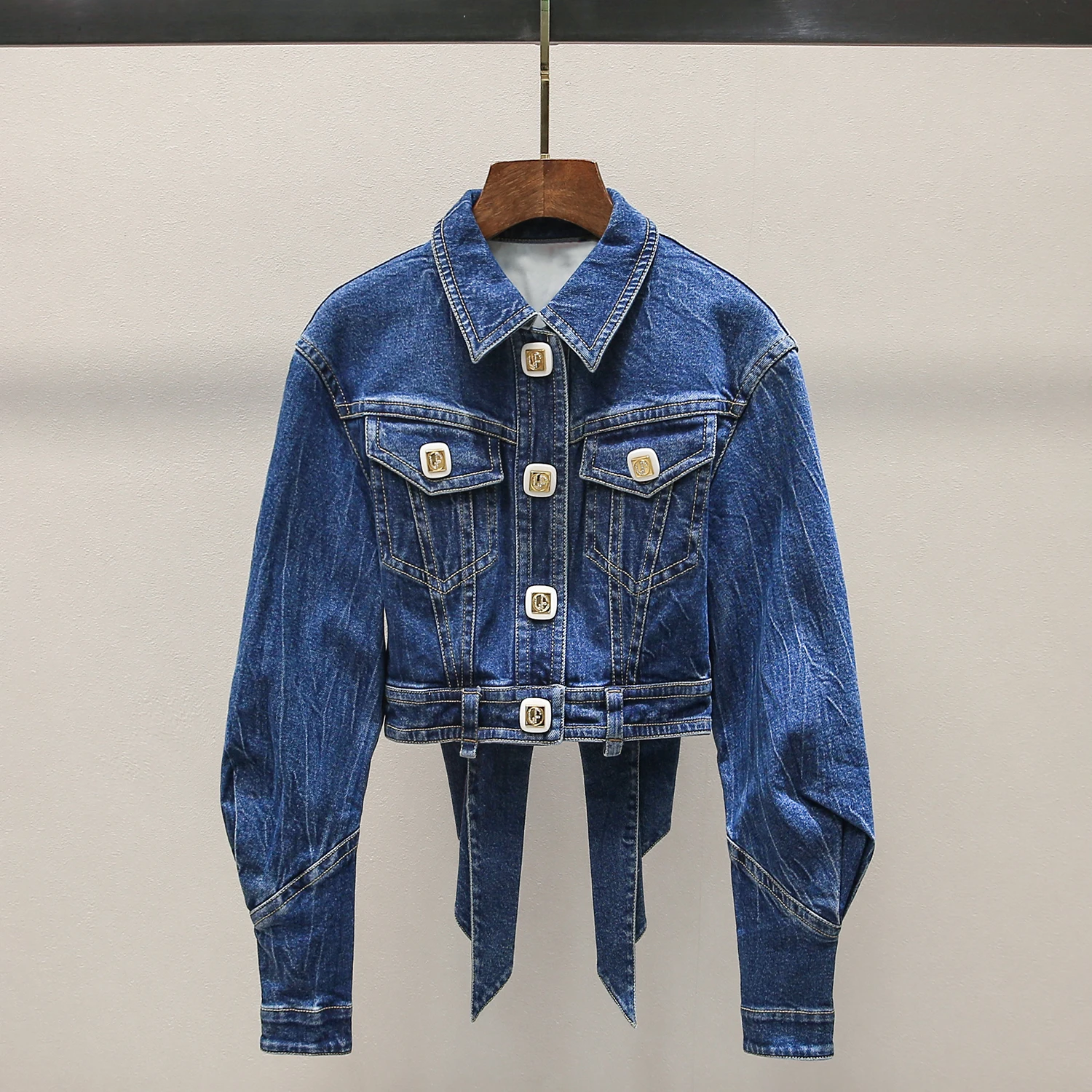 

Ele Blue ort Denim Jaet with Bow Tie by Nan You High End Women's Faion Spring Vintage Collection