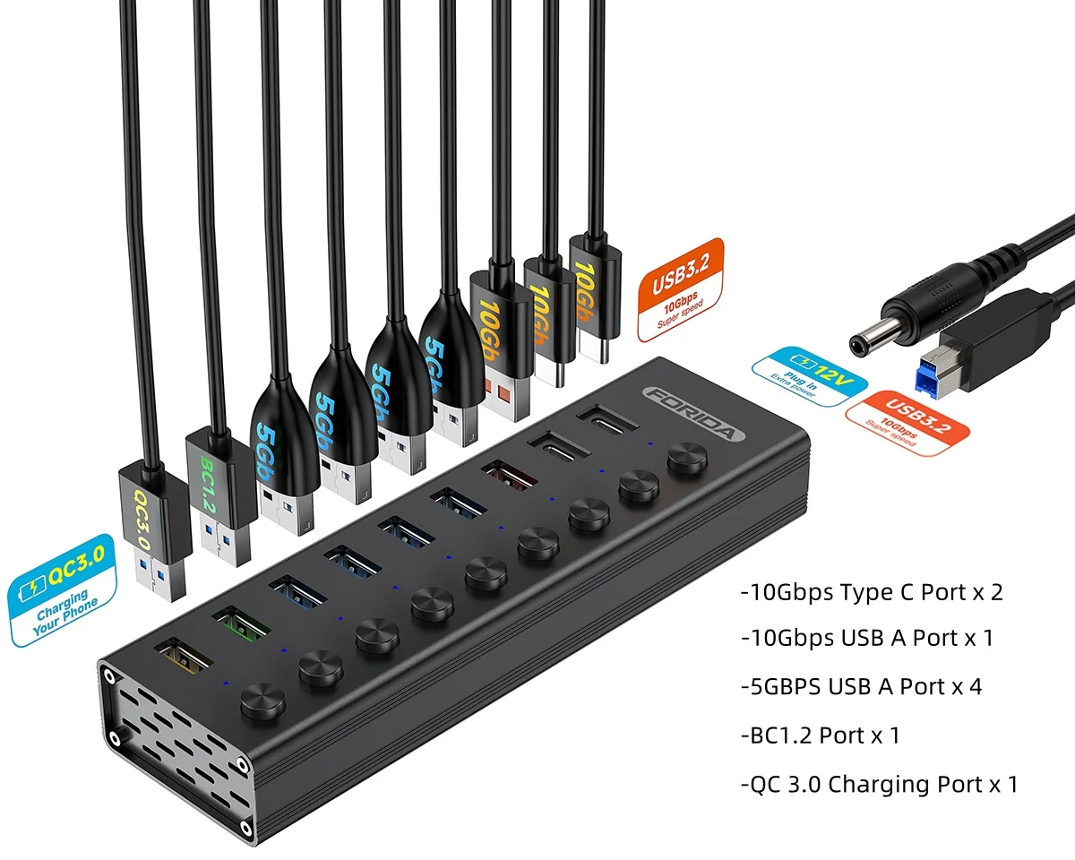 

USB-концентратор FORIDA, 9 портов, USB 3,2, 10 Гбит/с, индивидуальные переключатели, адаптер док-станции, алюминиевый расширитель USB-порта для Macbook