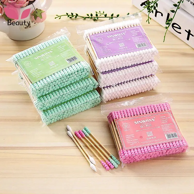 

100pcs/Pack Double Head Cotton Swab Women Makeup Cotton Buds Tip For Medical Wood Sticks Nose Ears Cleaning Health Care Tools