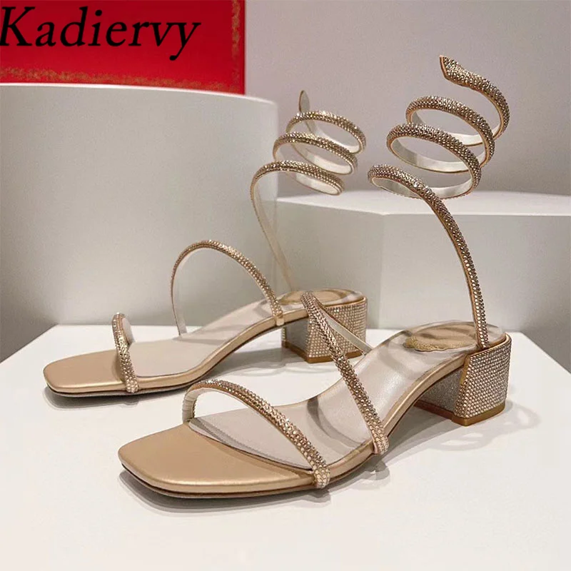 

Summer Square Heels Sandals Woman Crystal Ankle Snake Twine Around Party Shoes Women Chunky Heels Gladiator Sandals For Women