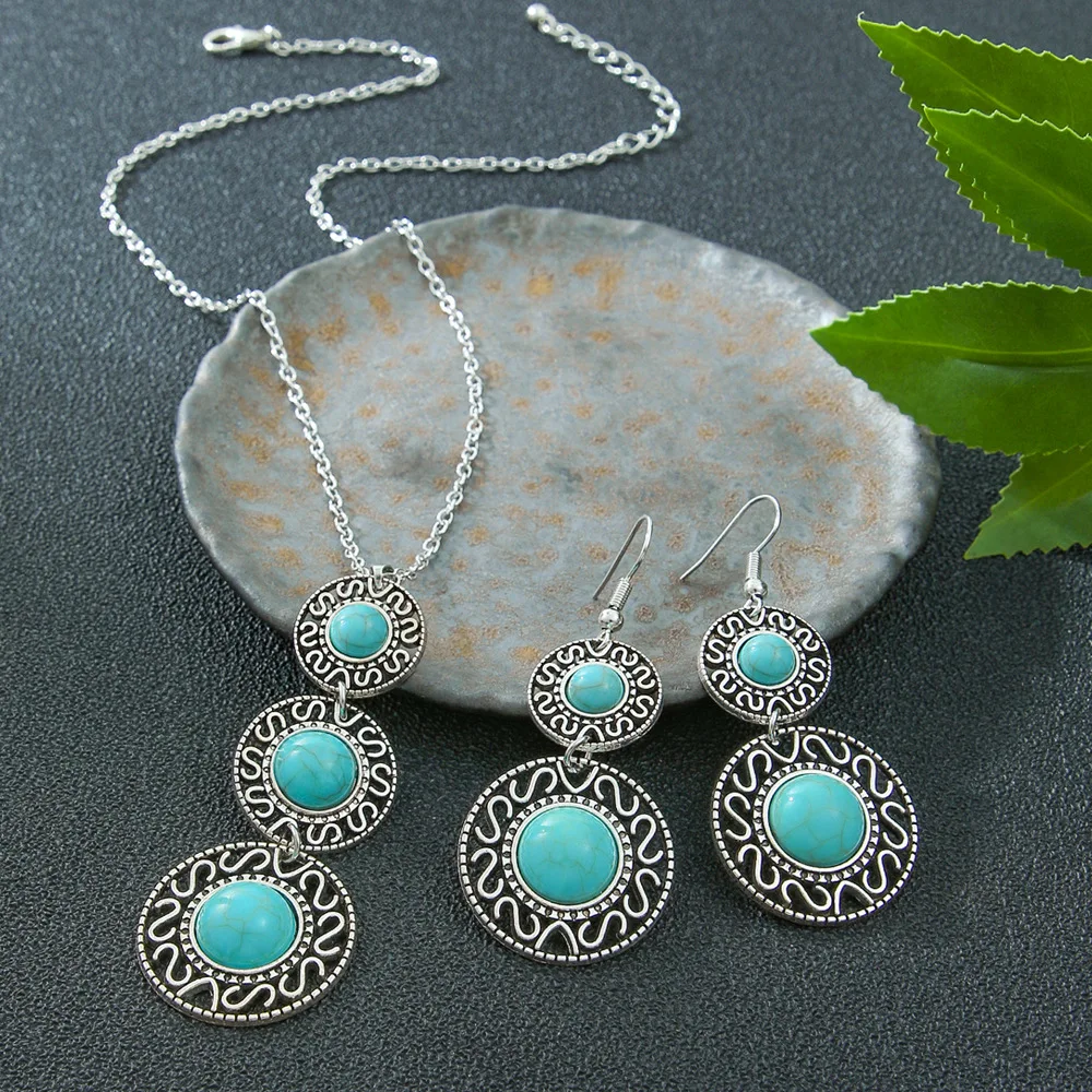 Vintage Bohemian Imitation Turquoise Earrings Necklaces Set for Women Classic Flower Round Water Drop Silver Color Jewelry