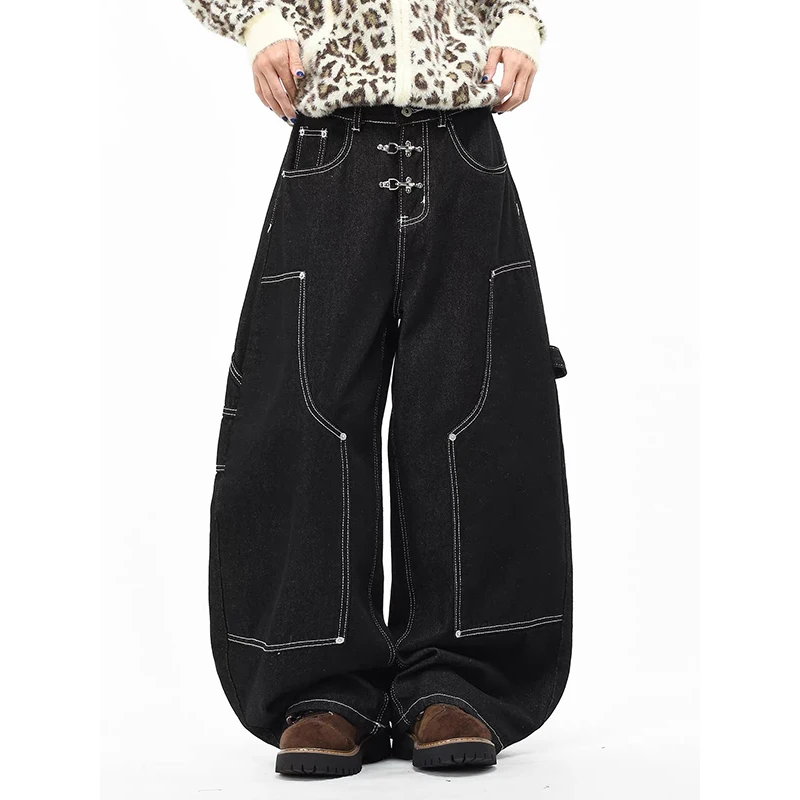 ZHIZOU Women's Black Gothic Y2k Cargo Jeans Vintage 2000s Hiphop Grunge American Style Jeans Pants Baggy Wide Leg Denim Pants
