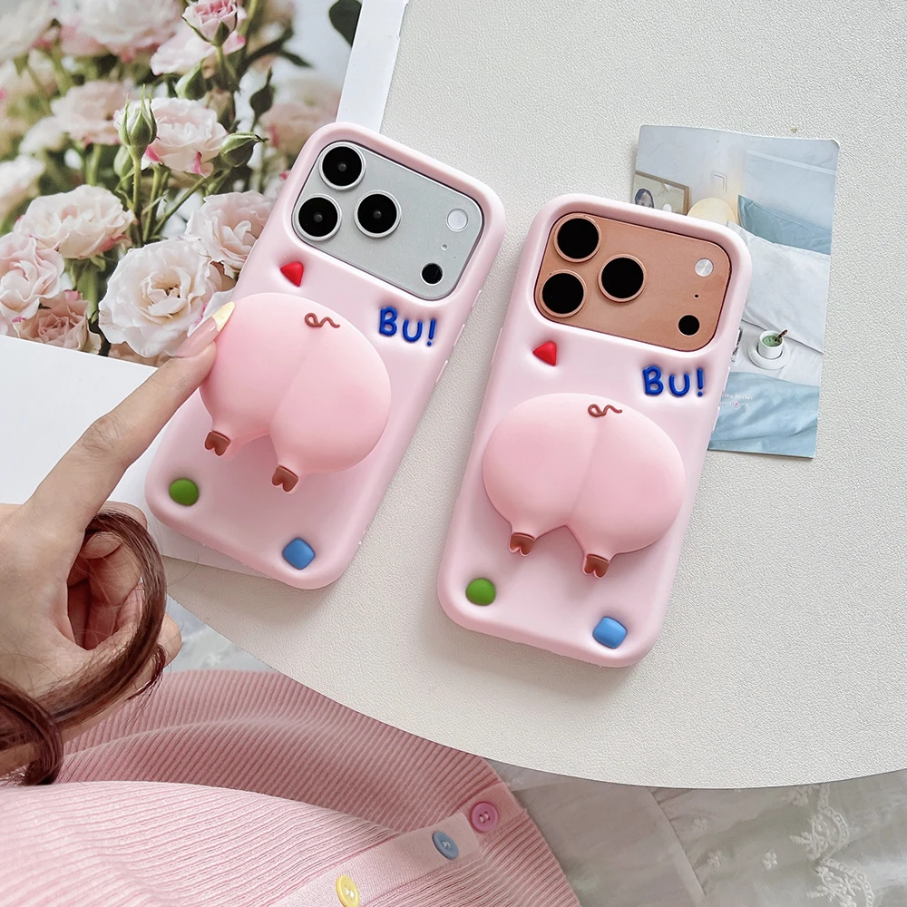 3D Cartoon Schweinchen-Po-Halterung Weiche Silikon-Handyhülle für iPhone 16 17 18 Pro Max Lustige Stoßfeste Standhalter-Abdeckung – Detail 1