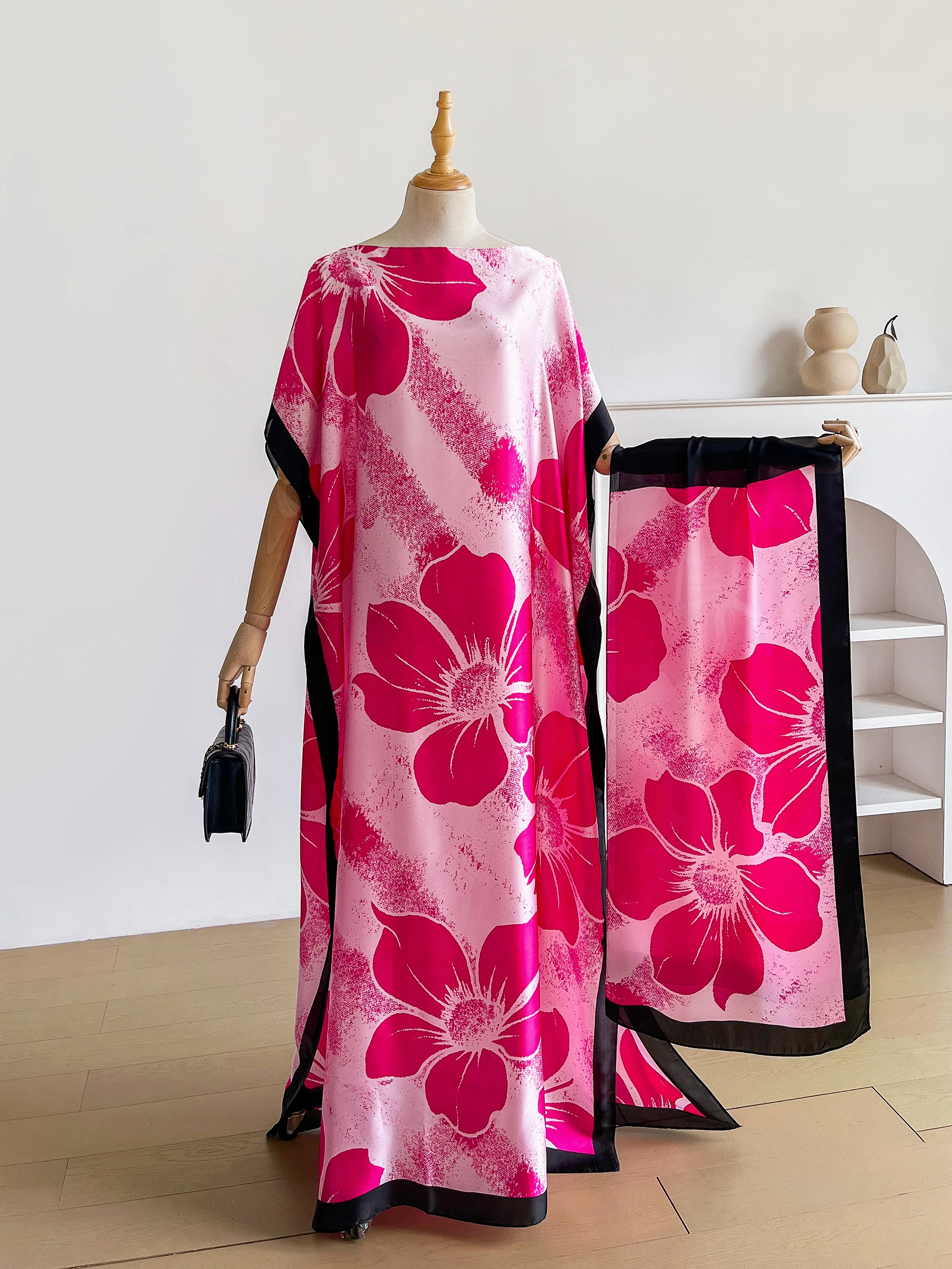 Summer Boho Floral Print Abaya With Scarf, Loose Batwing Maxi Kaftan For African Muslim Women Beach Holiday Wear - view 3