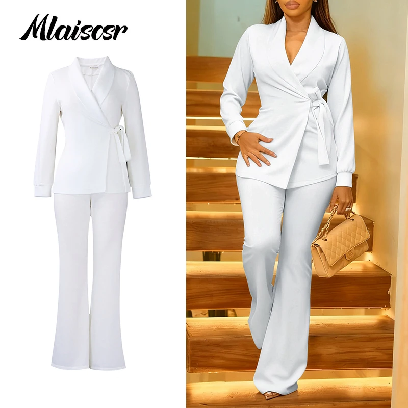 

Mlaiscsr Осенний офисный блейзер, комплект из 2 предметов, женские элегантные бандажные пальто с длинными рукавами и комплекты брюк, африканские наряды знаменитостей
