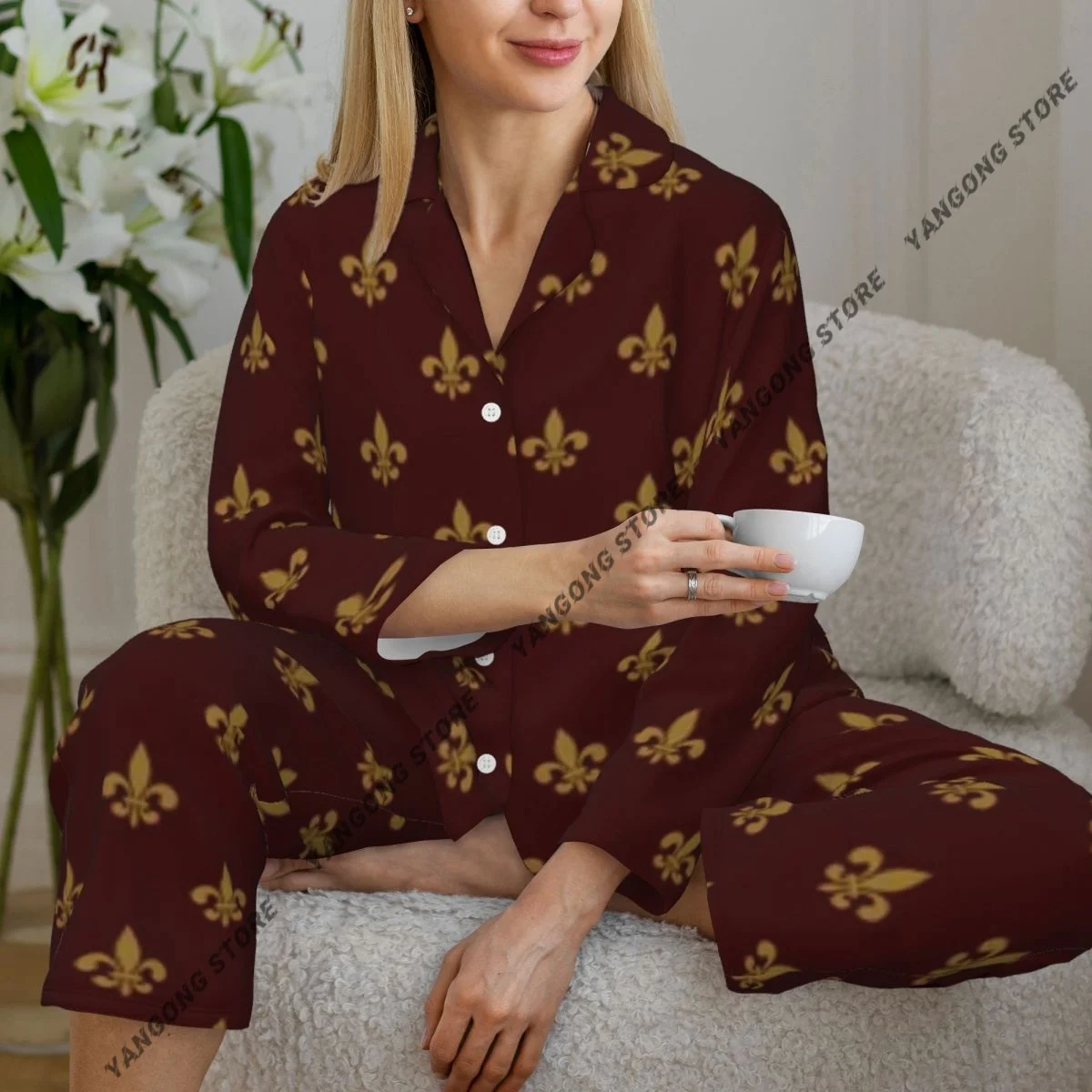 

Женская пижама Fleur De Lis с узором, пижама с длинными рукавами, женский комплект, пеньюар, кардиган, костюм