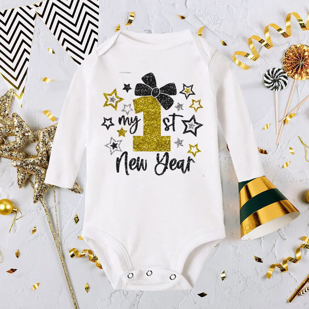 My 1st New Year Printed Baby Bodysuit Infant Romper New Year Toddler Long Sleeve Jumpsuit Boys Girls Clothes Newbron Shower Gfit