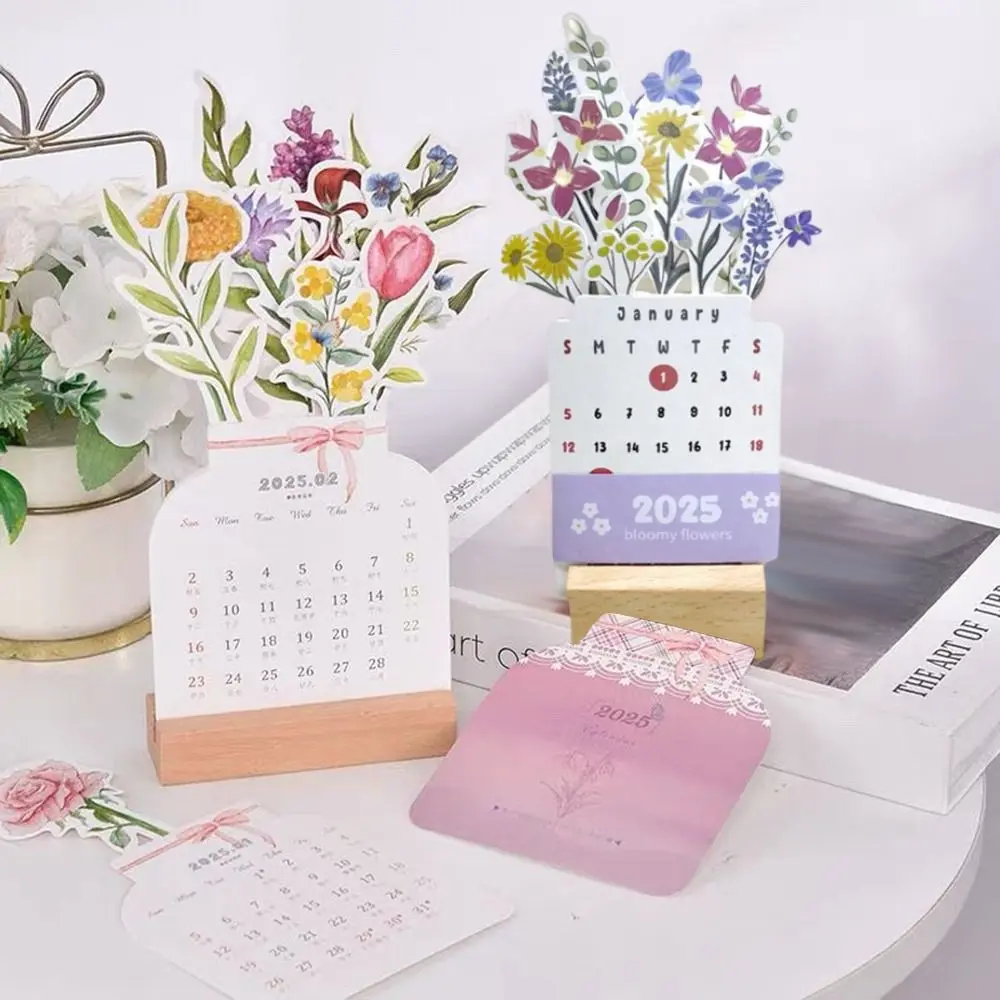 2025 Bloomy Flowers Desk Calendar Mini Calendar Standing Desk Calendar  Vase-Like Desktop Monthly Planner for Home School Office