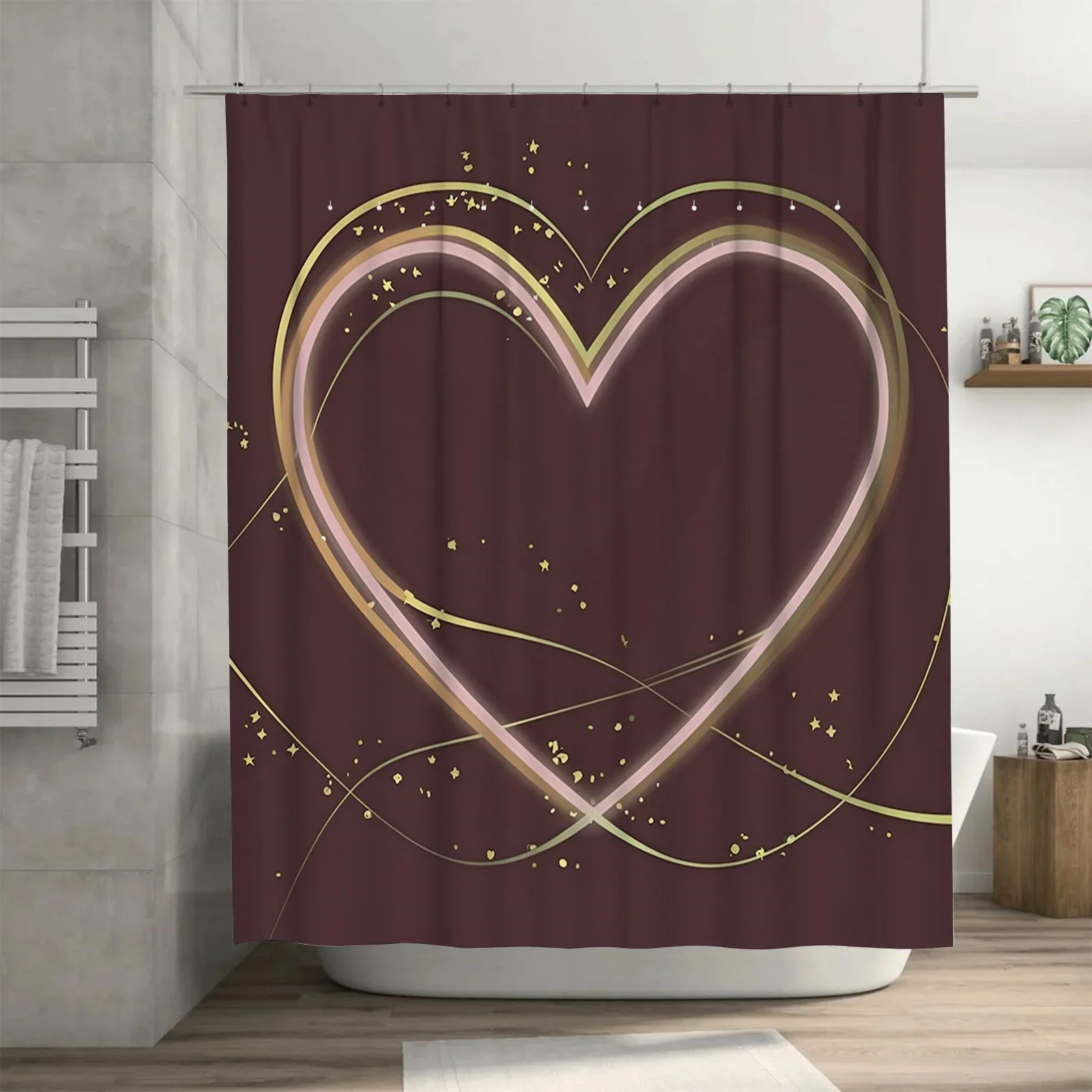 

Занавеска для душа 3D с золотым сердцем | Элегантный и романтический декор для ванной комнаты