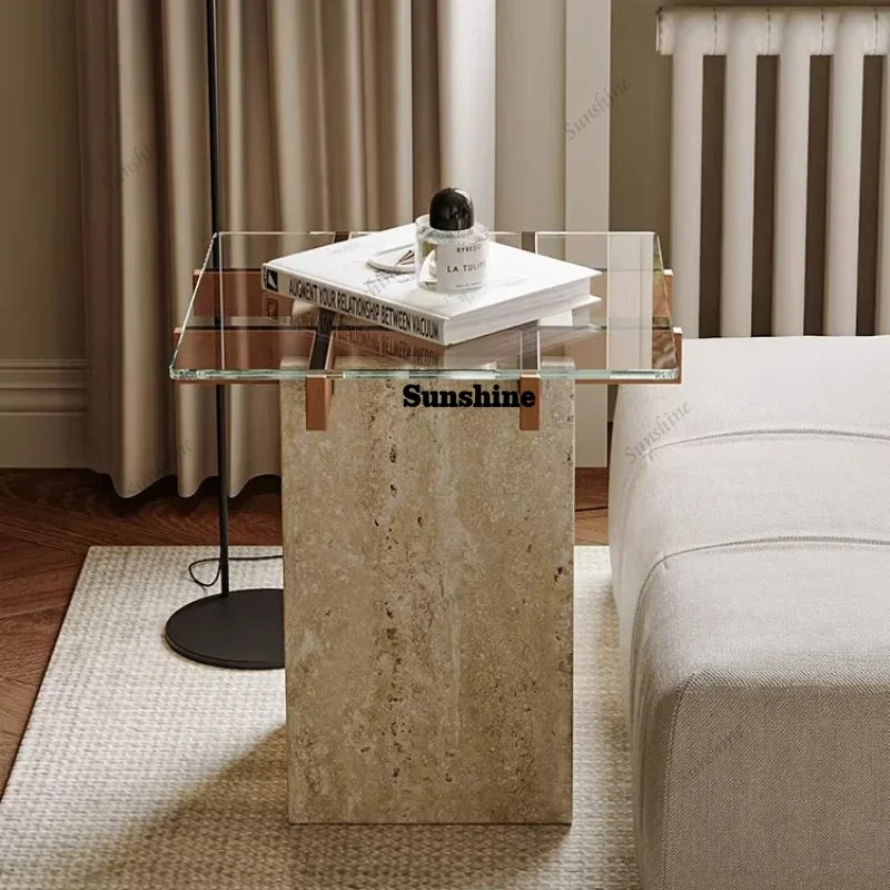 

TDMedieval style natural travertine sofa side table Retro B&B living room checkered glass small coffee table