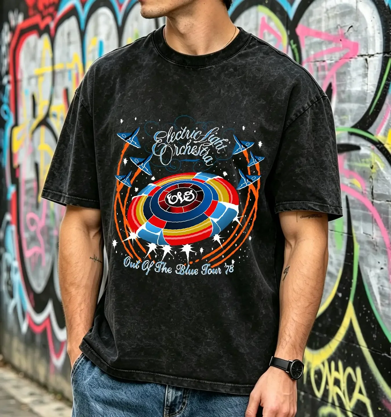 washed T Shirt Elo Out Of The Blue Tour Electric Light Orchestra S 34XL EE207 vintage Washed Casual Breathable Slightly Unisex