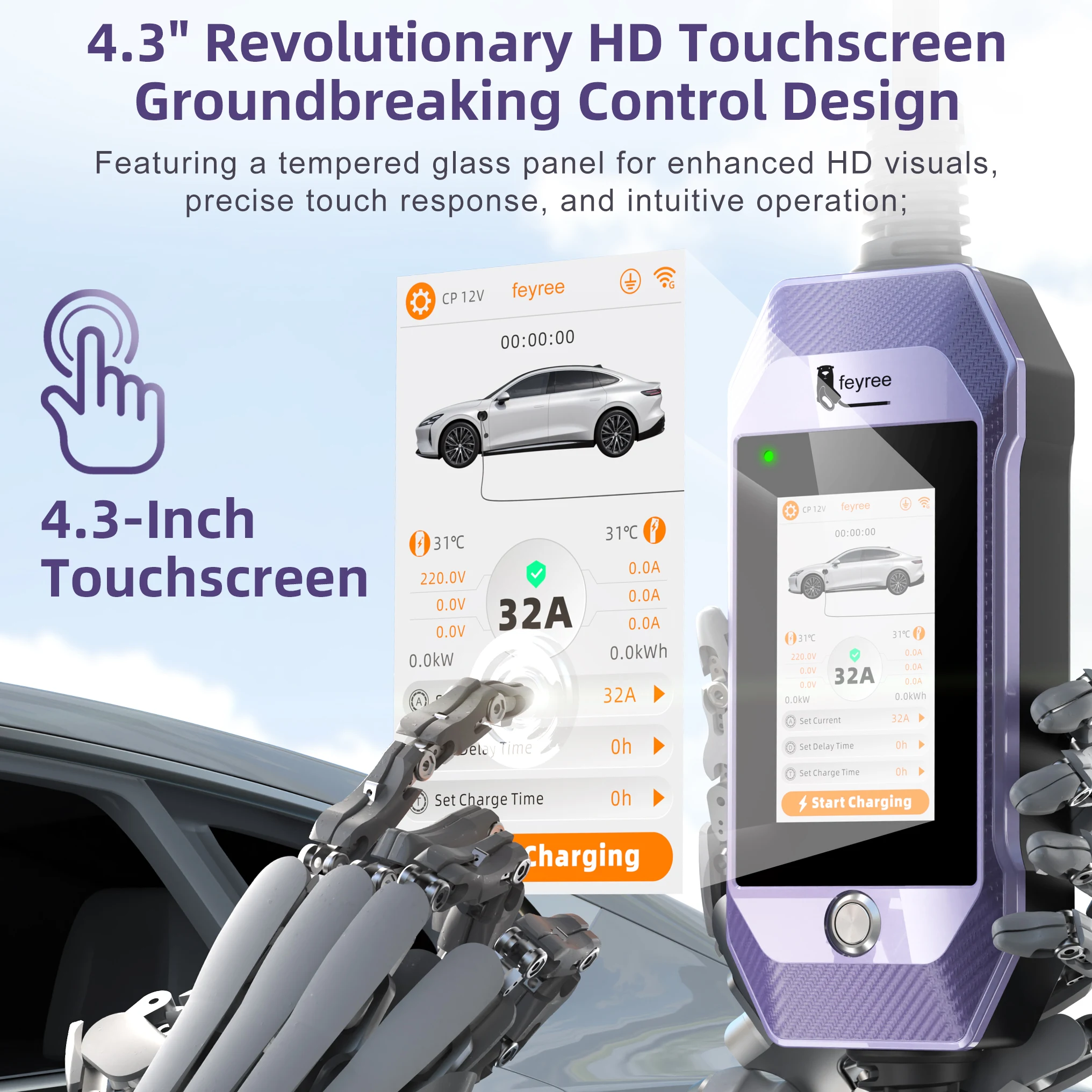 feyree Type2 /Type1 /GBT /TS-NACS 4.3 بوصة تعمل باللمس شاحن EV 32A 7kW 1P شاحن محمول التطبيق الذكي WiFi التحكم لسيارات EV