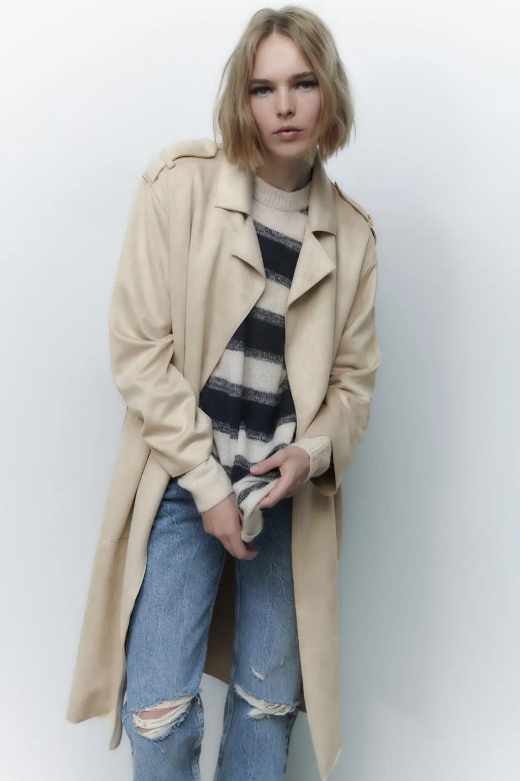 Autumn Winter New Sle Women's Suede Coat with Belt Medium Length Windbreaker 2023 Sweet Sle V-Ne Long Sve Outerwear